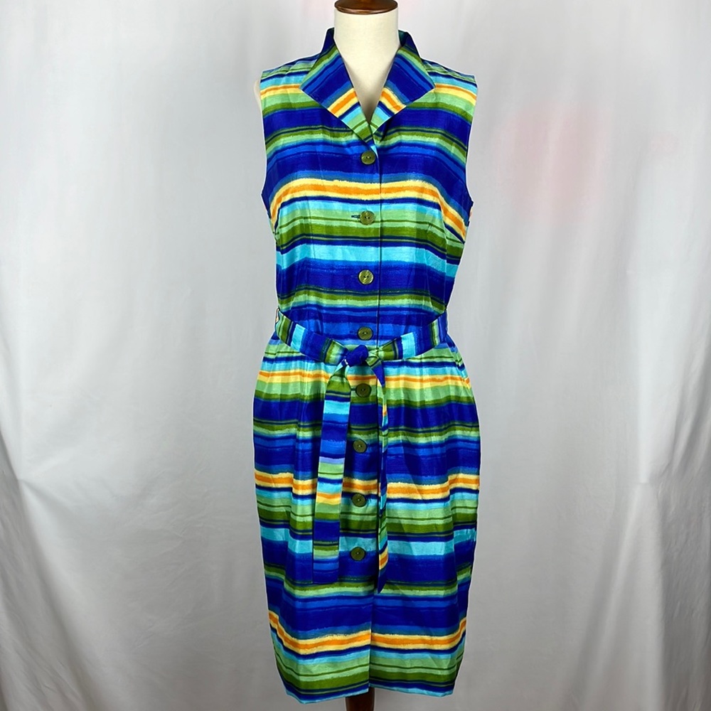 Sag Harbor Blue, Green & Yellow Striped Sleeveless Dress w/Fabric Belt - Size 8